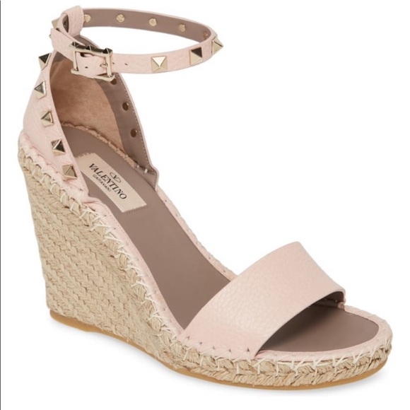 Valentino Shoes - Valentino rockstud pink leather wedge espadrilles